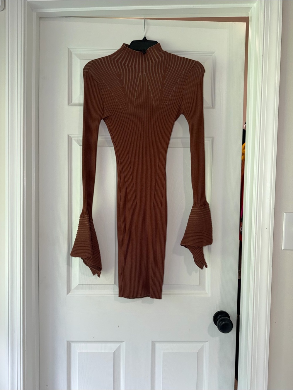 Brown Ribbed Bell-Sleeve Knit Dress